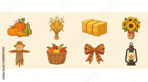 Farmhouse Thanksgiving Harvest Illustration with Pumpkins wheat sunflower basket apples scarecrow bow lantern ready for autumn celebration