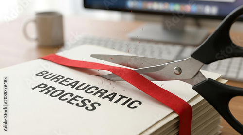 Scissors cutting red ribbon on stack of documents labeled bureaucratic process symbolizing overcoming administrative obstacles and simplifying procedures in office environment