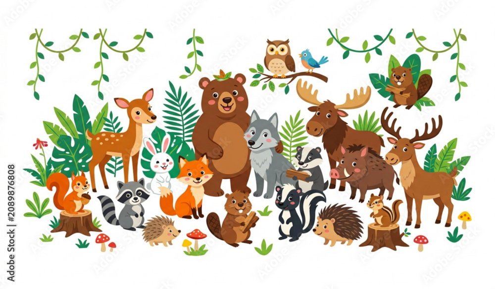 Fototapeta premium Cute Cartoon Forest Animal Vector Set with Bear Wolf Deer Rabbit and Woodland Friends