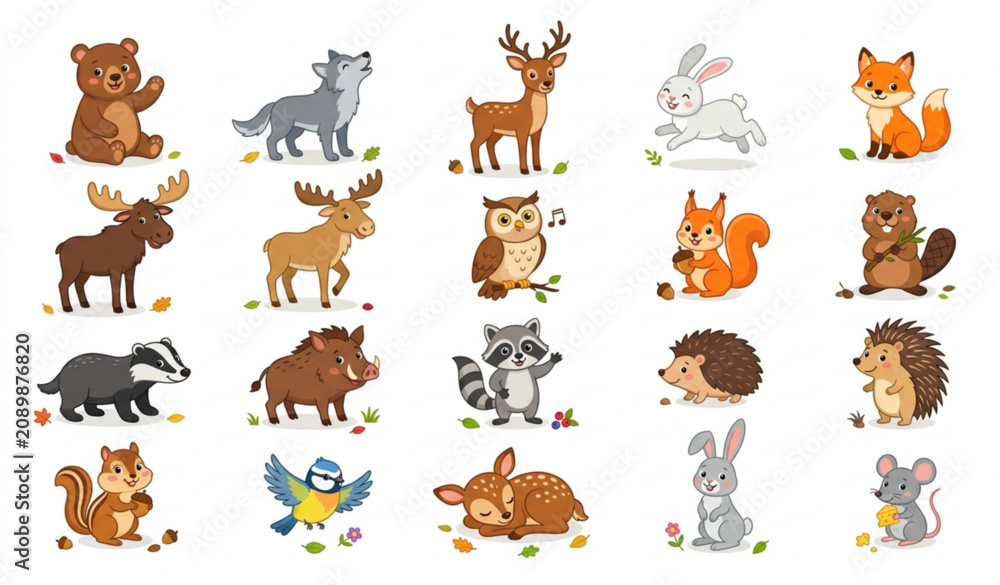 Obraz premium Cute Woodland Animal Cartoon Vector Collection for Kids Nursery and Education