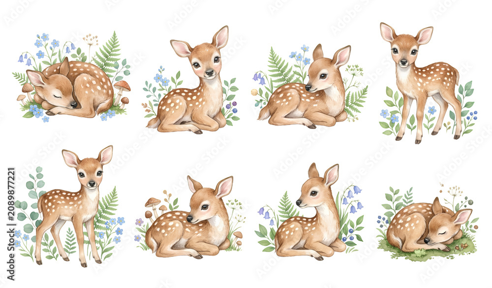 Fototapeta premium Untitled design - Watercolor Baby Deer with Blue Wildflowers PNG Woodland Forest Animal Collection