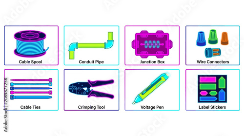 Colorful neon illustration of electrical components including cable spool conduit pipe junction box wire connectors and tools for electrical wiring and repair