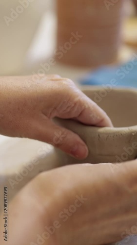 Close-up of potter's hands carefully shaping and smoothing a wet clay bowl in a ceramic studio, showcasing the handmade process of creating earthenware pottery