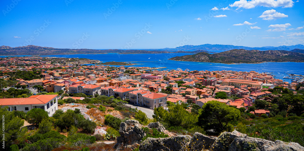 Obraz premium Aerial view of La Maddalena, capital city of the eponym archipelago located in the Mediterranean Sea in Sardinia, Italy