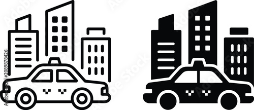 Fotografie Taxi car and city skyline vector illustration
