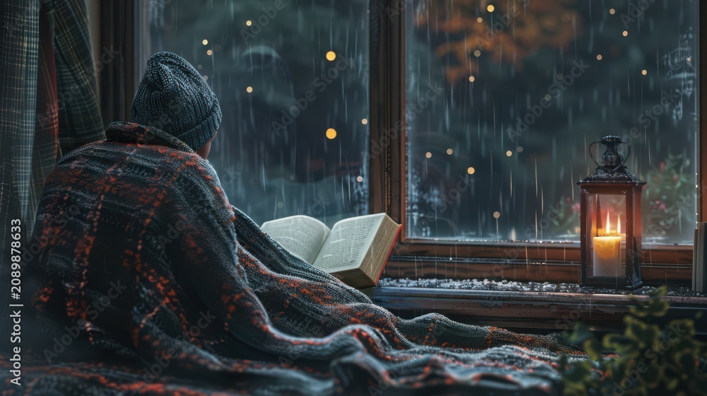 Fototapeta premium Person wrapped in a warm blanket sits by a window reading a book while rain falls outside at night.