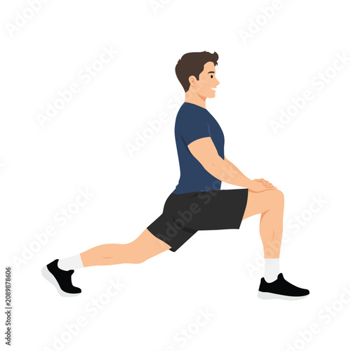 Man Performing Hip Flexor Stretch Lunge Exercise. Flat vector illustration isolated on white background