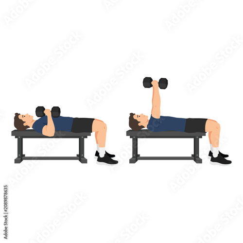Man Performing Dumbbell Chest Press on Flat Bench. Flat vector illustration isolated on white background