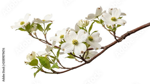 White dogwood flowers on branch blooming spring season delicate petals green leaves isolated on transparent background png.