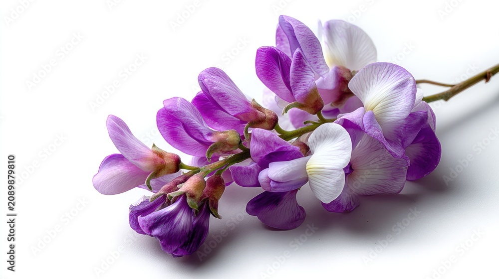 Obraz premium Delicate sprig of purple and white flowers, exhibiting a gradient of color from deep violet to pale lavender, with unopened buds nestled amongst the blossoms, set against a stark white background