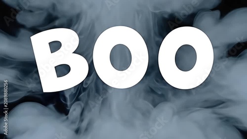 The word BOO enveloped in thick, swirling white smoke against a dark background, perfect for Halloween