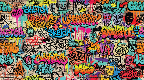 Cuadro en lienzo Vibrant urban graffiti wall art background with colorful street tags and artisti