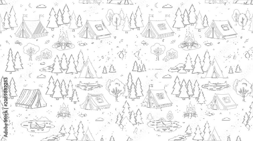 Fototapeta premium Outline pattern of camping scene with tents, canoes, and trees