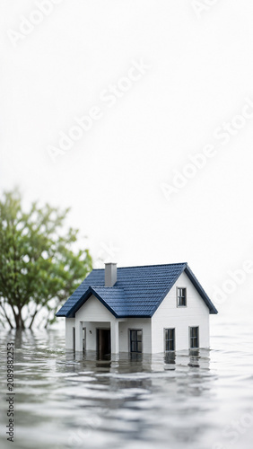 Submerged Abode: A miniature house with a blue roof is partially submerged in water, with a lone tree visible in the background.