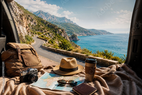 Road Trip Adventure: Capture the spirit of adventure with this inviting scene of road trip essentials laid out against a breathtaking coastal backdrop.