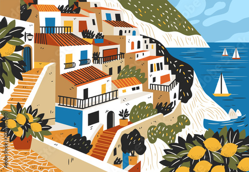 Amalfi Coast Cliffside Italy Mediterranean seaside village colorful houses terraced hills lemon trees sailboats blue sea scenic landscape