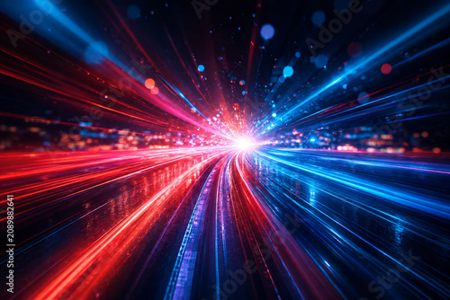 Abstract Speed and Light Trails: An abstract depiction of intense speed and energy, visualized through vibrant red and blue light trails streaking across a dark background.