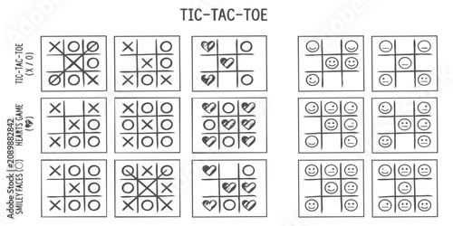 Hand drawn tic tac toe game board set with cross and circle and smiley face and heart shapes for kids play