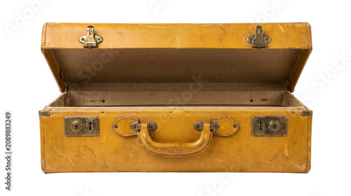 Fényképezés Vintage yellow suitcase opened, antique luggage on transparent background png, travel bag for clothes isolated on white background, retro case png
