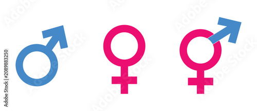 Gender Symbols. Three icons representing male, female, and transgender symbols, colored blue and pink, arranged horizontally.