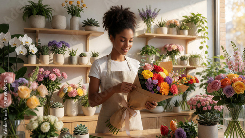 Eine junge Floristin bindet in einem lichtdurchfluteten Blumenladen einen prachtvollen Hochzeitsstrauß, umgeben von unzähligen frischen Blumen und stilvoller Dekoration.KI Generiert