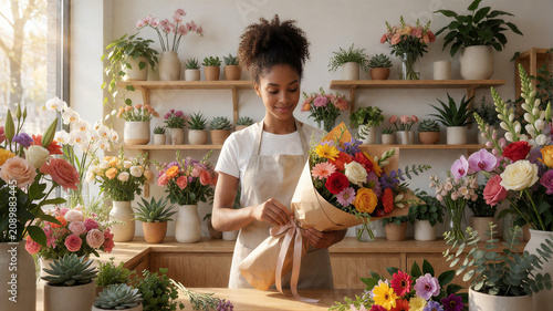 Eine junge Floristin bindet in einem lichtdurchfluteten Blumenladen einen prachtvollen Hochzeitsstrauß, umgeben von unzähligen frischen Blumen und stilvoller Dekoration.KI Generiert