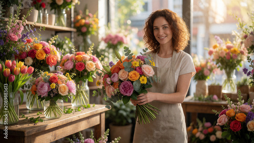 Eine junge Floristin bindet in einem lichtdurchfluteten Blumenladen einen prachtvollen Hochzeitsstrauß, umgeben von unzähligen frischen Blumen und stilvoller Dekoration.KI Generiert