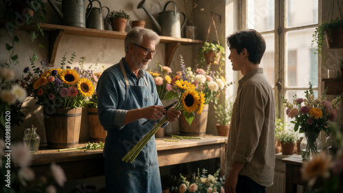 Ein erfahrener Florist gestaltet in einem eleganten Blumengeschäft ein hochwertiges Blumenarrangement zwischen farbenfrohen Blumen und modernen Holzmöbeln. KI Generiert