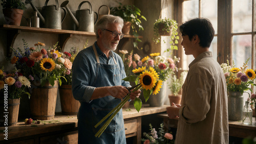 Ein erfahrener Florist gestaltet in einem eleganten Blumengeschäft ein hochwertiges Blumenarrangement zwischen farbenfrohen Blumen und modernen Holzmöbeln. KI Generiert