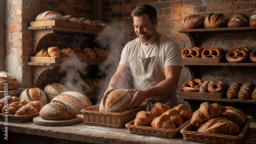 Ein Bäcker holt frisch gebackene Brote  und präsentiert sie in einer traditionellen Handwerksbäckerei.KI Generiert