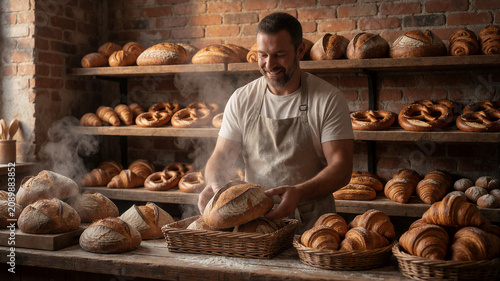 Ein Bäcker holt frisch gebackene Brote  und präsentiert sie in einer traditionellen Handwerksbäckerei.KI Generiert