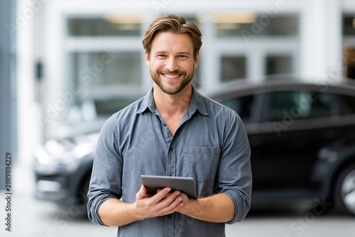 Smiling mechanic holds a digital tablet in a modern car workshop with a black car