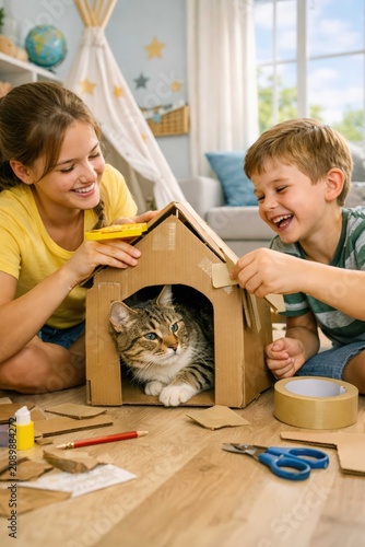 Happy children building a cozy cardboard cat house together while playful tabby cat relaxes inside in bright family playroom promoting creativity and pet care