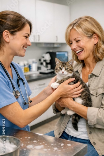 Smiling veterinarian returning a healthy kitten to grateful pet owner after successful medical examination during routine veterinary clinic visit