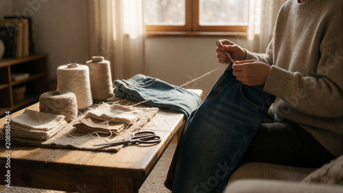 Eine Hose wird von einer person repariert . Recycling statt wegwerfen. KI Generiert