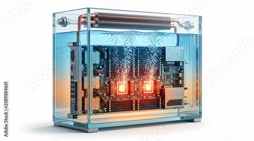 Immersion cooling system for high-performance server hardware, liquid cooled computer motherboard in glass tank, advanced data center thermal management