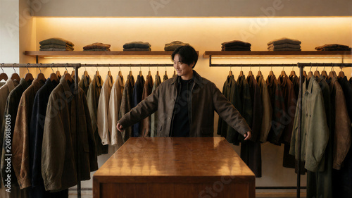 Eine Person in einem Second Hand laden der eine Jacke anprobiert und sich umschaut. KI Generiert