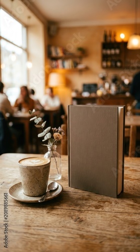 Book and Latte Coffee in Cozy Cafe with Warm Lighting