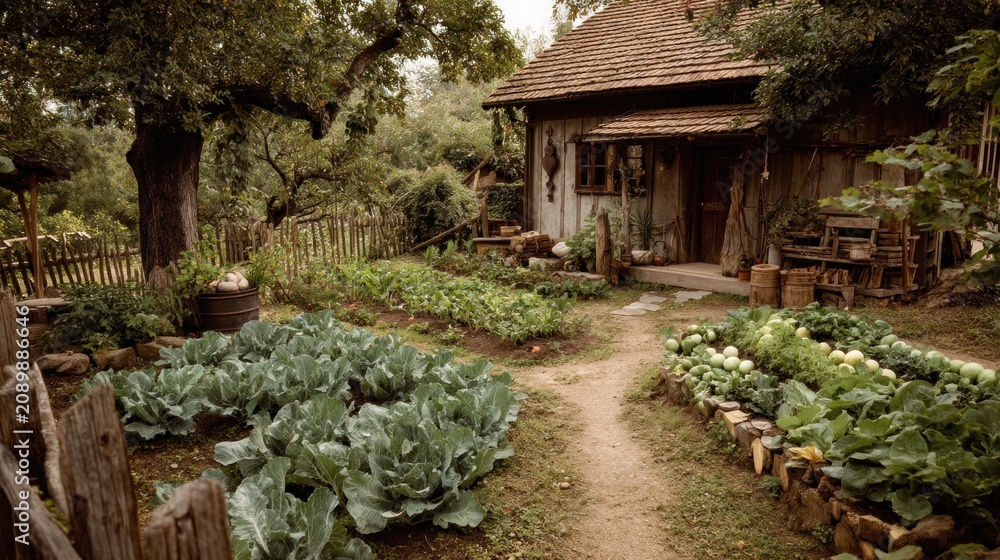 Naklejka premium Cozy cabin garden scene. Vegetables grow in tidy rows near a rustic, weathered cottage. Peaceful, rural aesthetic