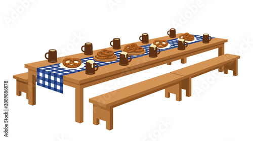 Oktoberfest Table Setting With Pretzels And Beer Mugs On Blue Gingham Table Runner vector
