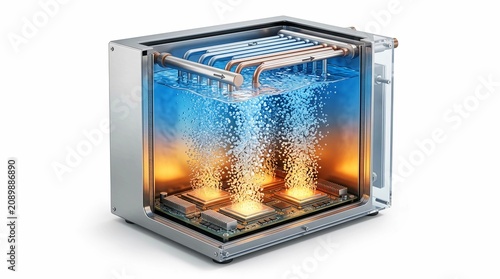 Immersion cooling system for high-performance computing, liquid cooled server hardware with glowing processors, advanced data center thermal management