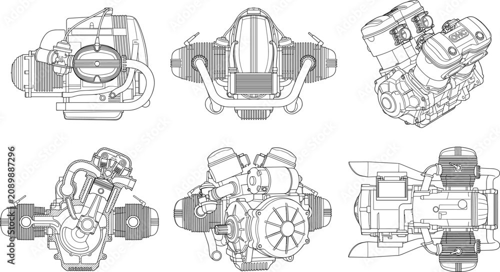 Obraz premium Air Cooled Boxer Engine CAD Drawing Collection with Multiple Technical Views Vector Illustration