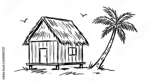Photos Sketch of a thatched roof hut and palm tree on a white background hand drawn ill