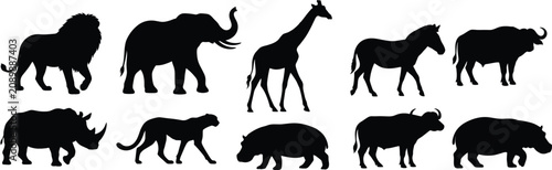 Canvas Print African Wildlife Animal Silhouette Set with Lion Elephant Giraffe Rhino Hippo an