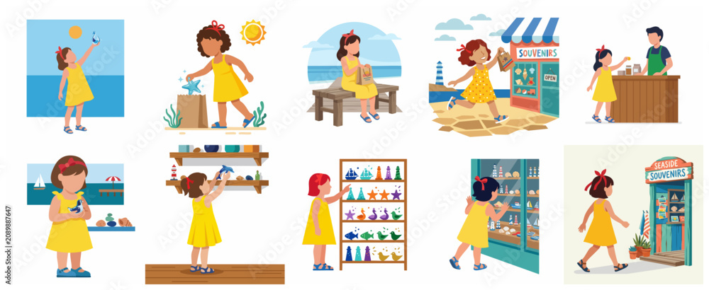 Fototapeta premium Vector illustration set of a little girl on summer vacation shopping for souvenirs at a seaside gift shop