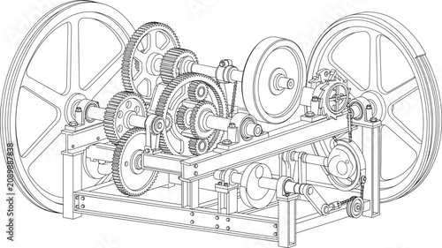 Industrial Gear Train Transmission CAD Drawing with Flywheels Technical Mechanical Line Art Vector