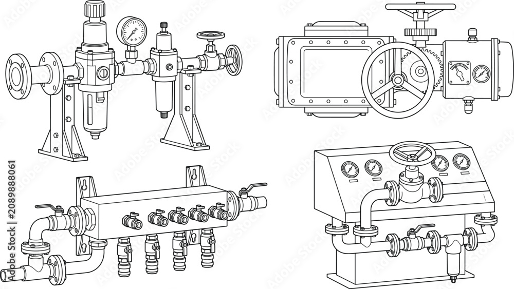 Obraz premium Industrial Valve and Fluid Control System CAD Drawing Collection Technical Line Art Vector Set