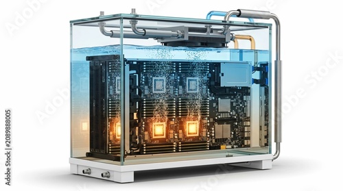 Immersion cooling system for high performance servers, liquid cooled computer hardware in glass tank, advanced data center thermal management technology