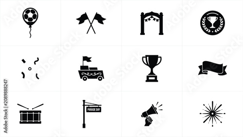 Black and white silhouette icons celebration festival parade victory collection with showcases vibrant 4x3 grid bold all rendered clean musical instruments