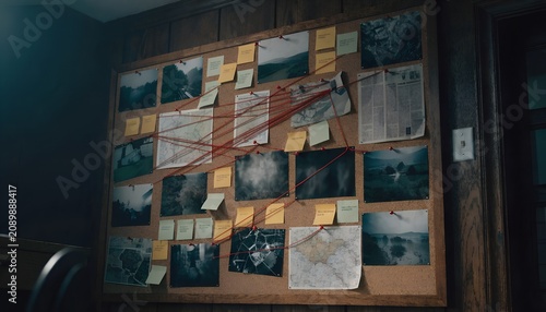 Detective Investigation Board With Red String Connecting Evidence Photos In Dimly Lit Office